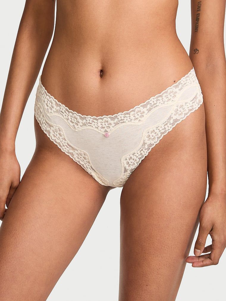 Lace Trim Chiloți Tanga din bumbac, cu talie din dantelă