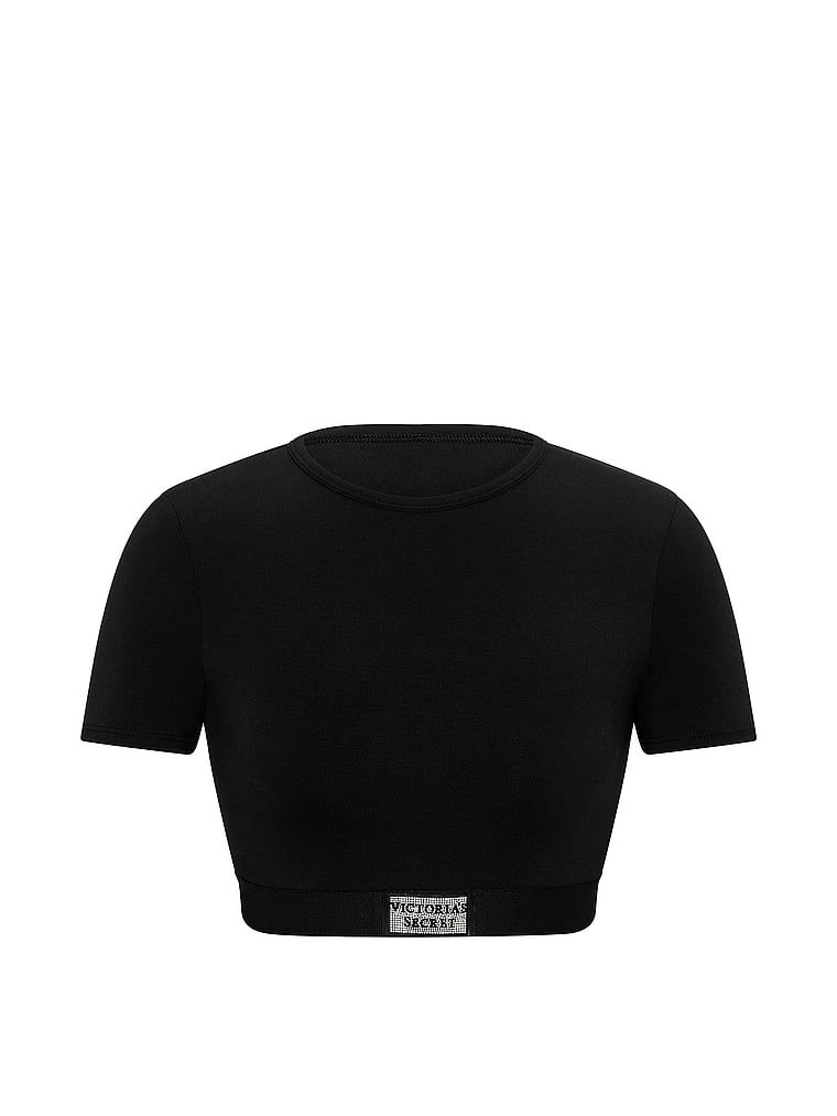 Bralette scurt din bumbac cu mâneci scurte Shine Patch. Produsul este negru și provine din colecția de tricouri.