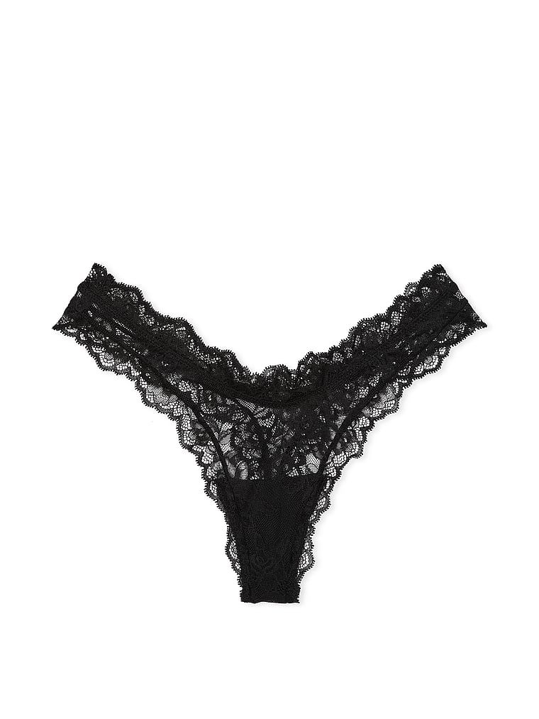 Tanga din dantelă trandafir cu picioare înalte. Produsul este negru și provine din colecția Very Sexy.