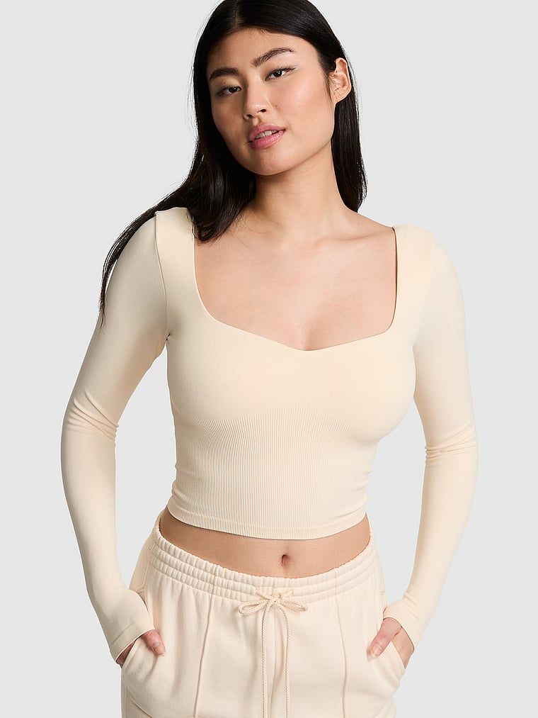 Top moale cu mâneci lungi, fără cusături, cu decupaj central