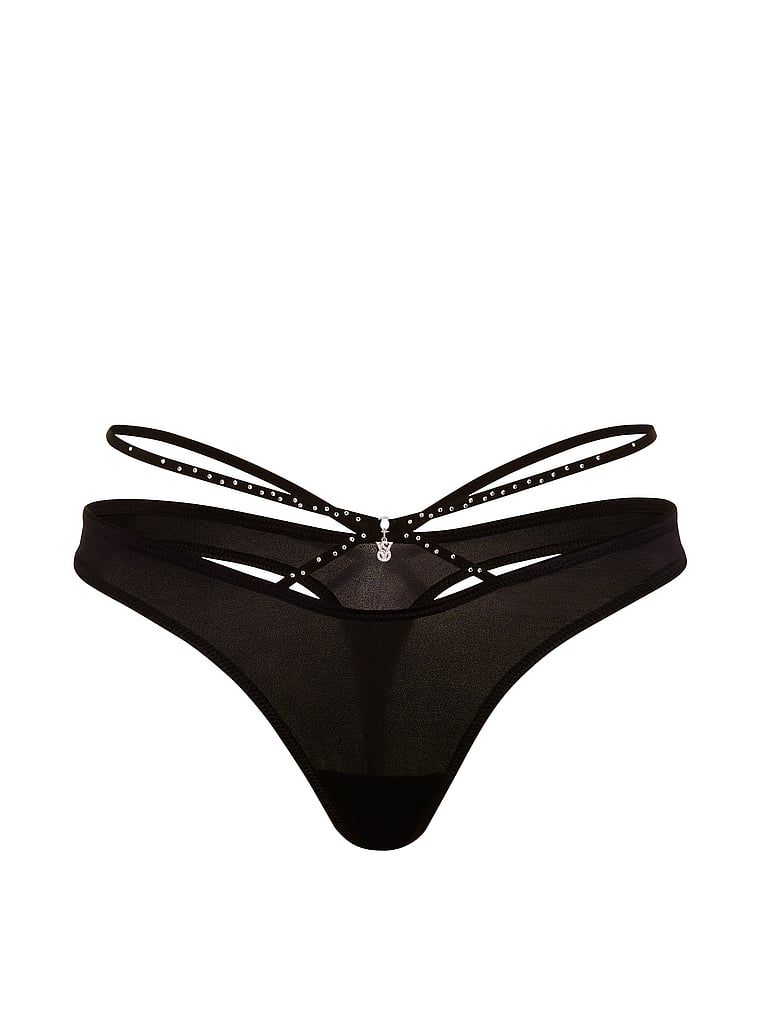 Tanga cu cristale și pandantiv cu talisman aniversar. Produsul este negru și provine din colecția Very Sexy.