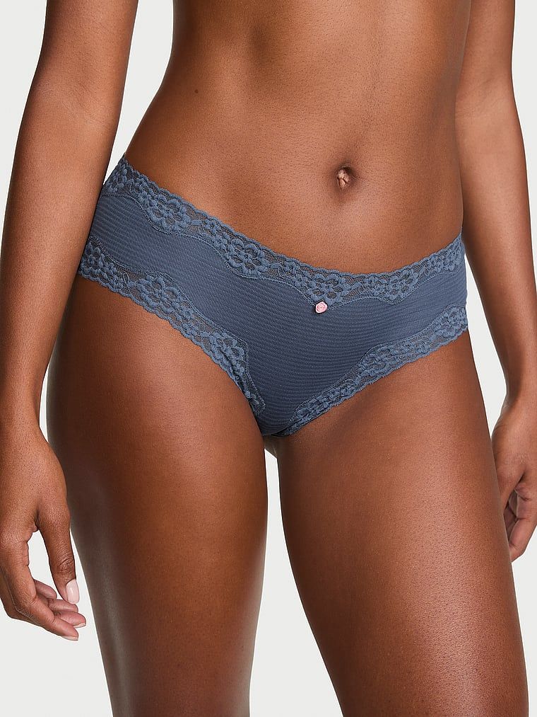 Lace Trim Chiloți Cheeky din bumbac cu talie din dantelă, cu dungi