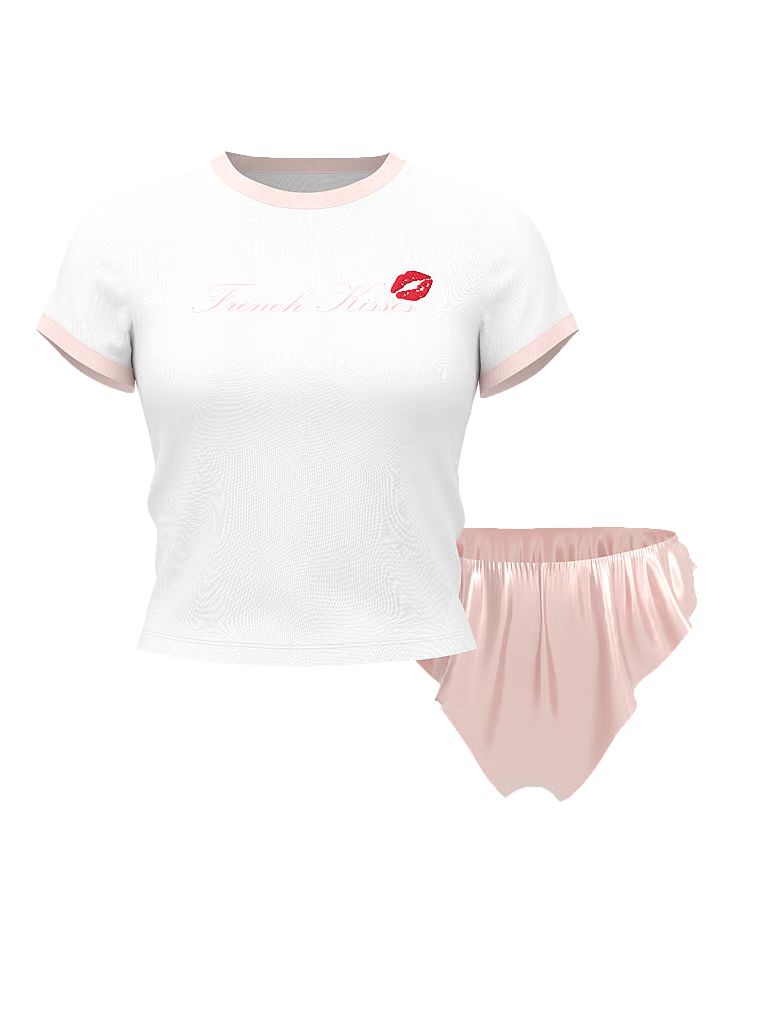 Set de dormit - tricou modal și pantaloni scurți din satin. Produsul este alb și provine din colecția Victoria's Secret.