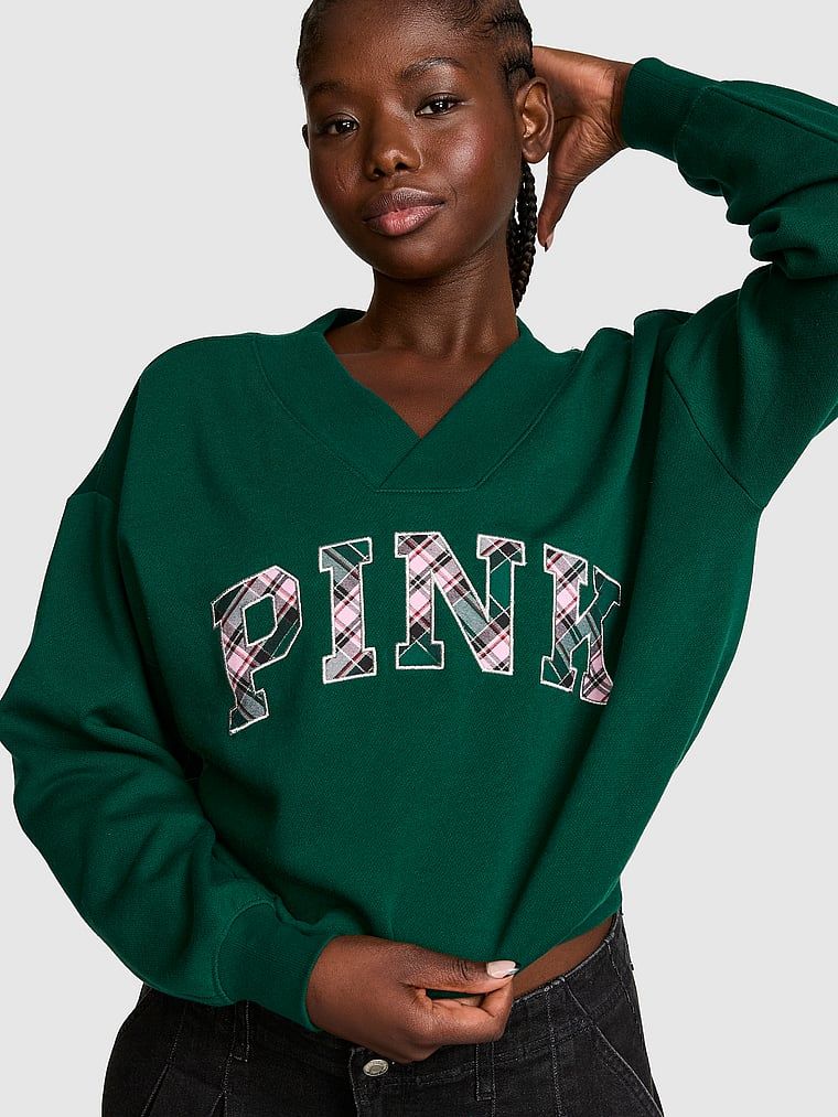 PINK Bluză Campus Fleece cu decolteu în V