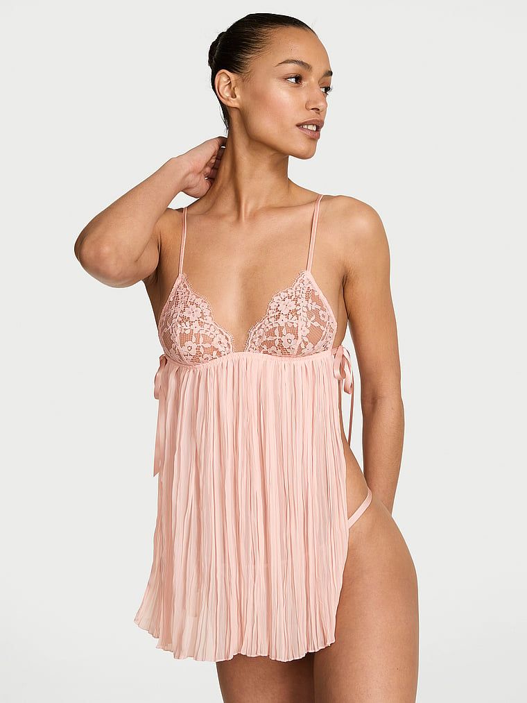 Dream Angels Set Babydoll plisat cu cupe triunghiulare din dantelă