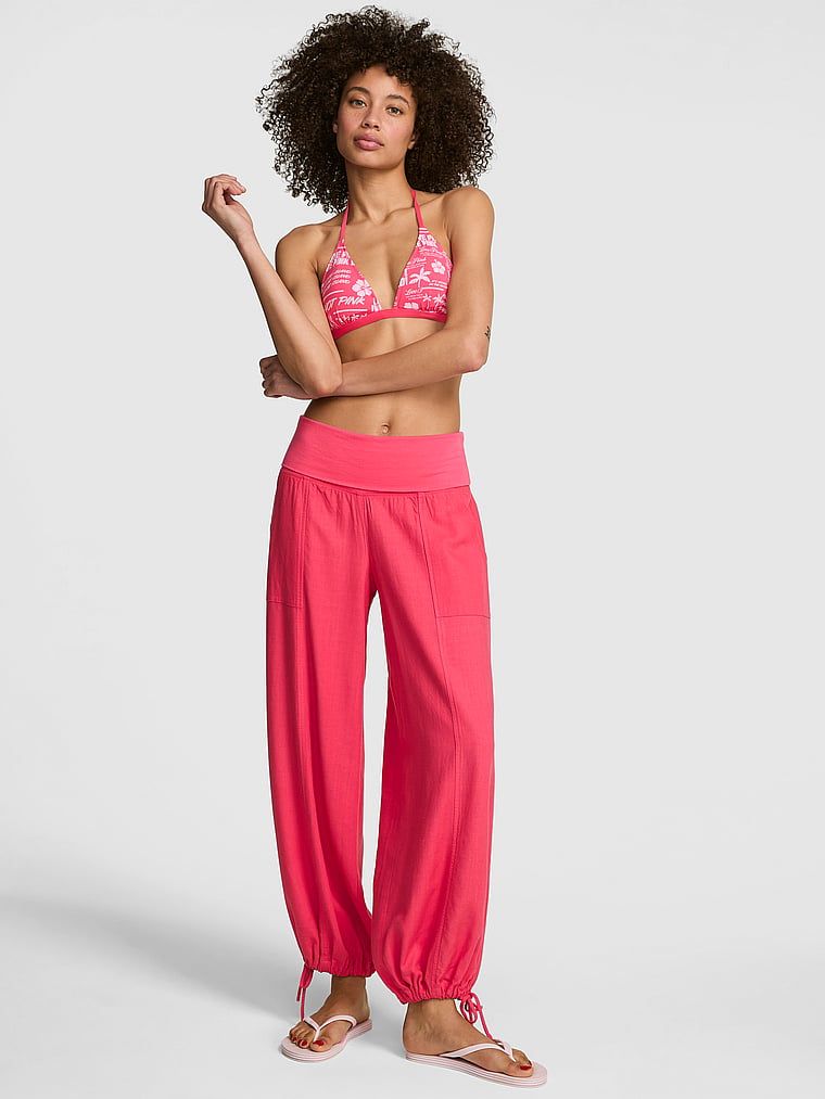 Pantaloni jogger din in cu talie pliabilă