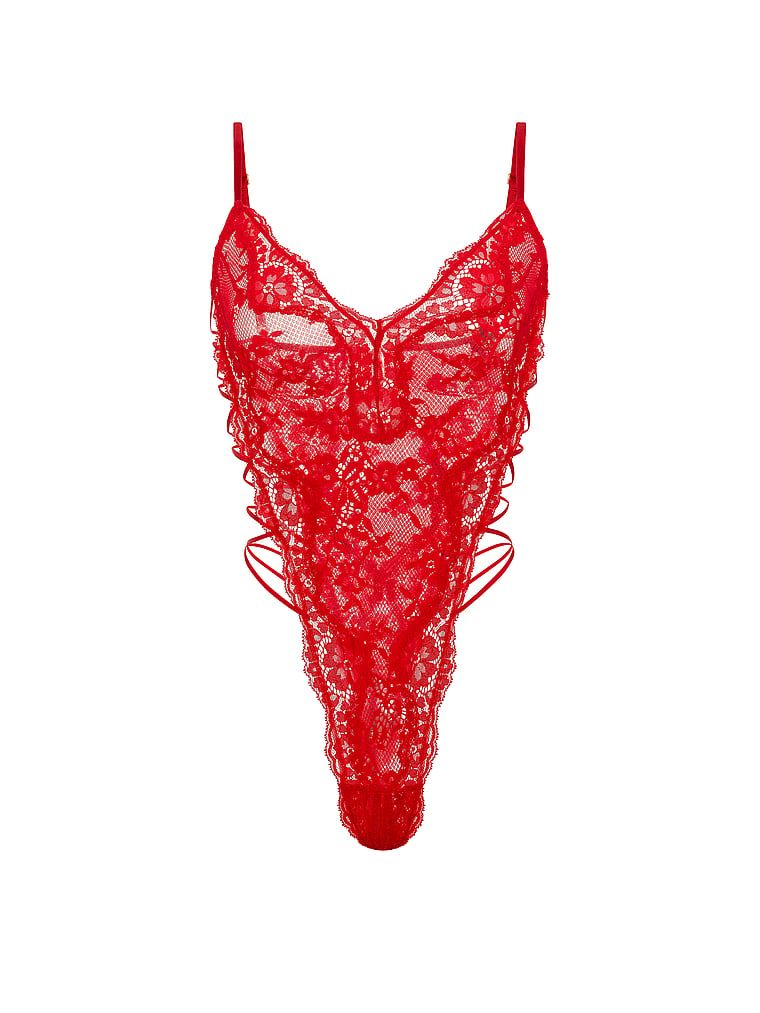 Body din dantelă cu bretele Peekaboo. Produsul este roșu și provine din colecția Dream Angels.