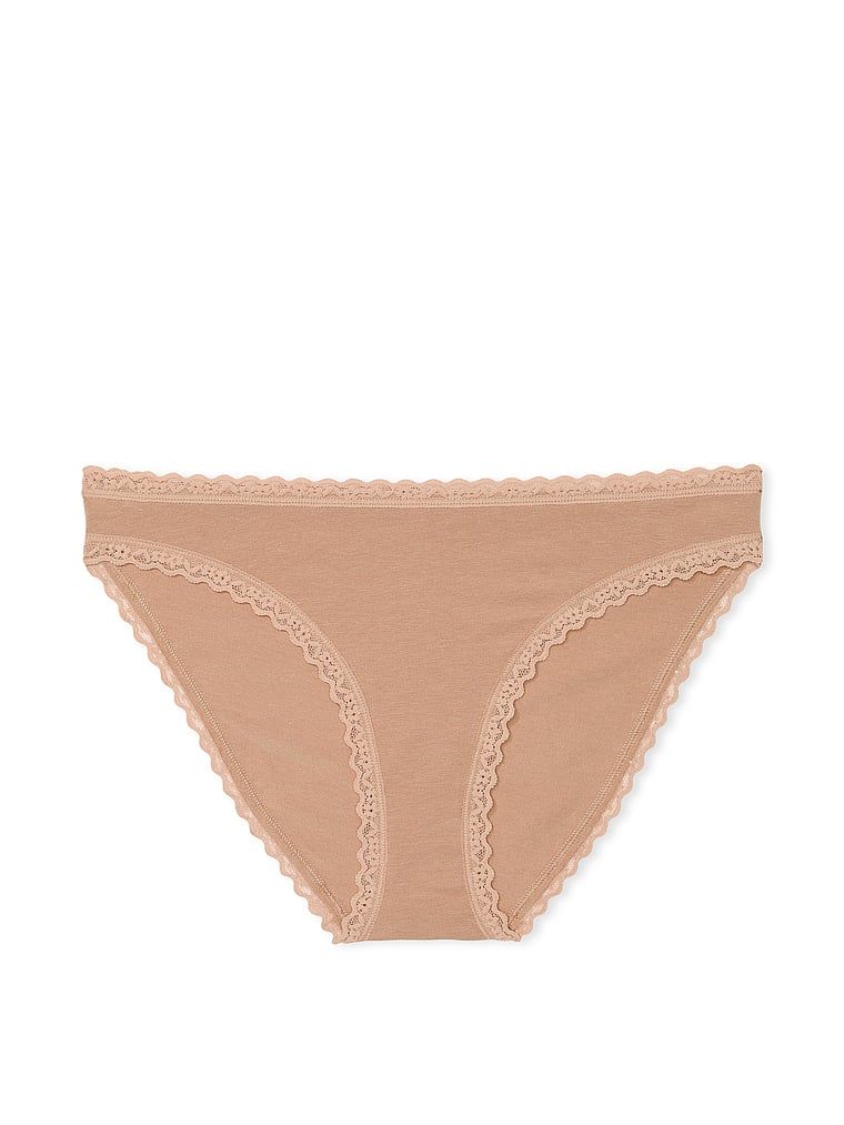 Chiloți din bumbac cu dantelă Lunghi-Trim Bikini. Produsul este bej și provine din colecția Lacie.