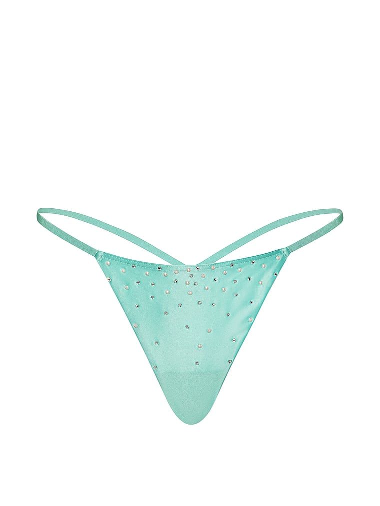 Tanga de satin cu cristale de perlă. Produsul este albastru și provine din colecția Dream Angels.