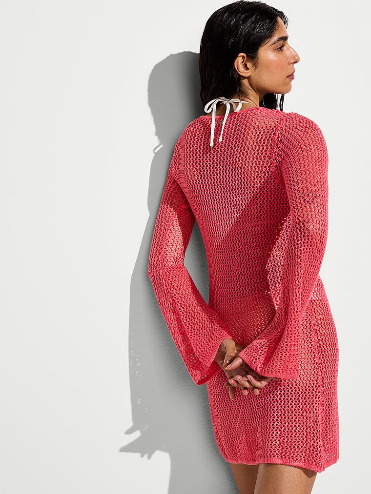 Rochie cu vâscoză perforată pentru plajă Beachwear Croșetat. Produsul este roz și provine din colecția Victoria's Secret Swim.