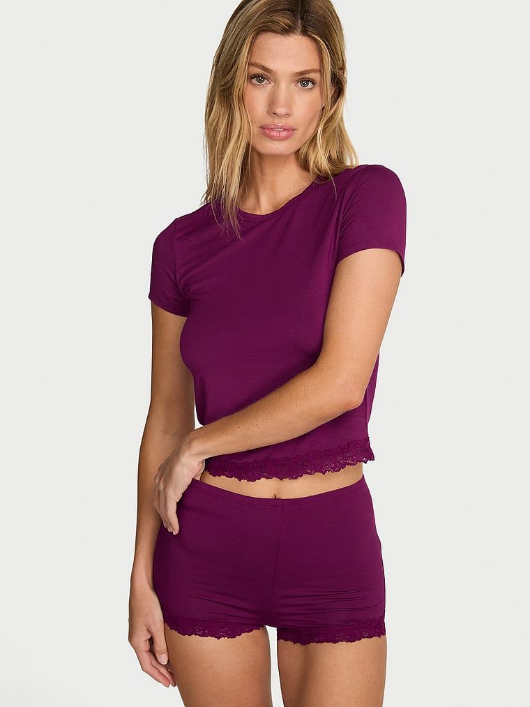 Victoria's Secret SoSoft Set de tricou și pantaloni scurți din modal, cu margine din dantelă