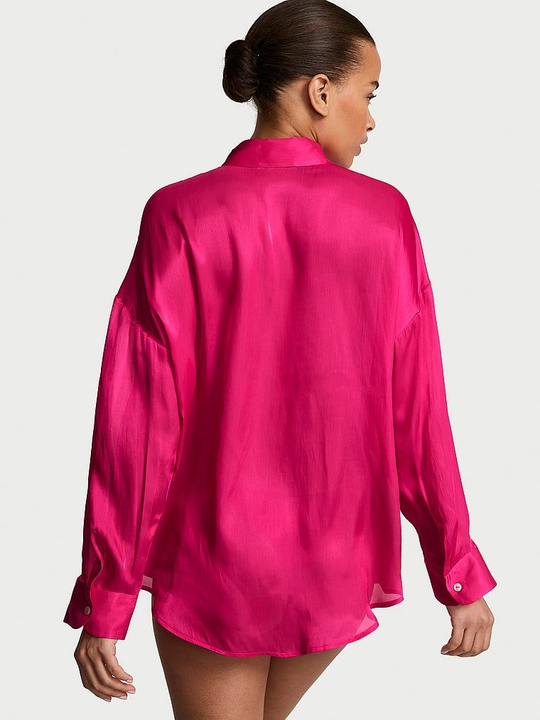 Bluză Luxe Sheer din satin transparent. Produsul este roz și provine din colecția Victoria's Secret.