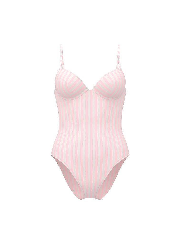 Costum de baie Essential Heritage Stripe Balconette dintr-o singură piesă. Produsul este roz și provine din colecția Victoria's Secret Swim.