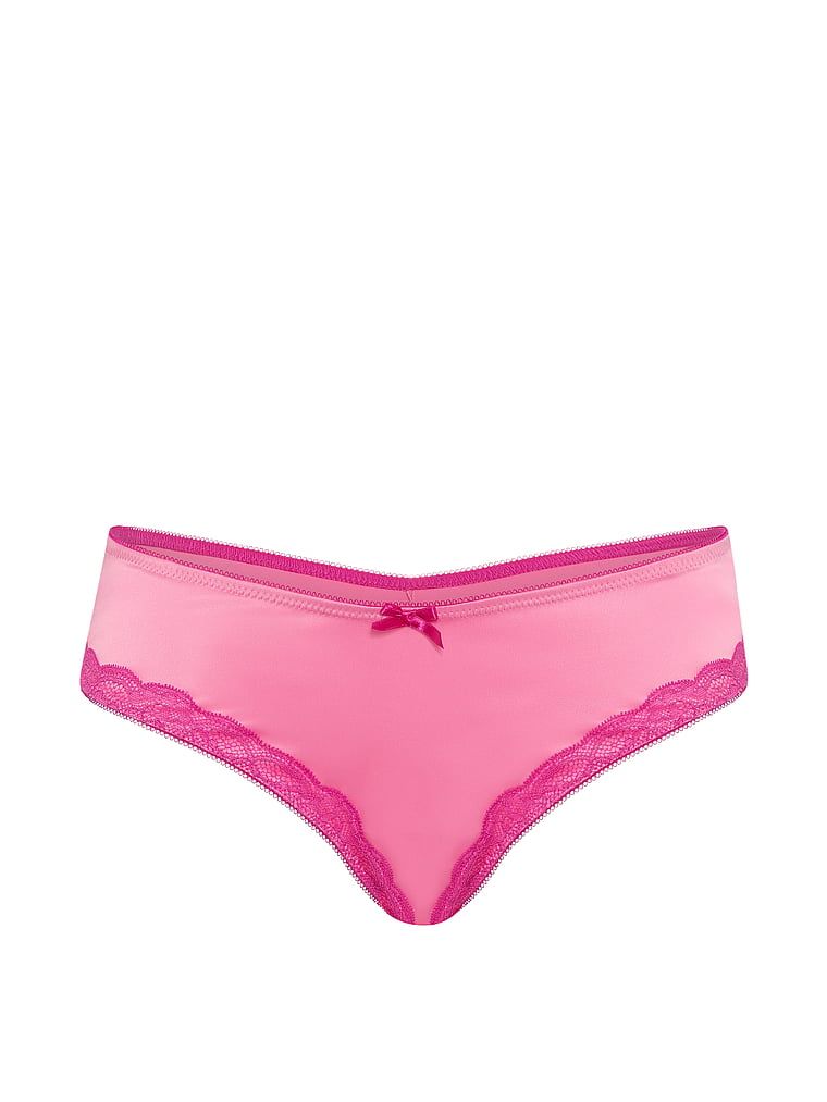 Chiloți de satin cu dantelă Tease Cheeky. Produsul este roz și provine din colecția Victoria's Secret.
