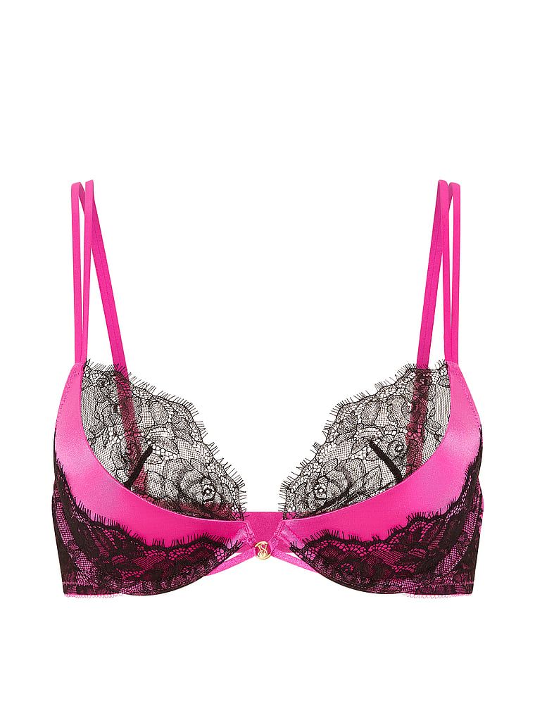 Sutien push-up cu inserții de dantelă cu decolț adânc. Produsul este roz și provine din colecția Very Sexy.