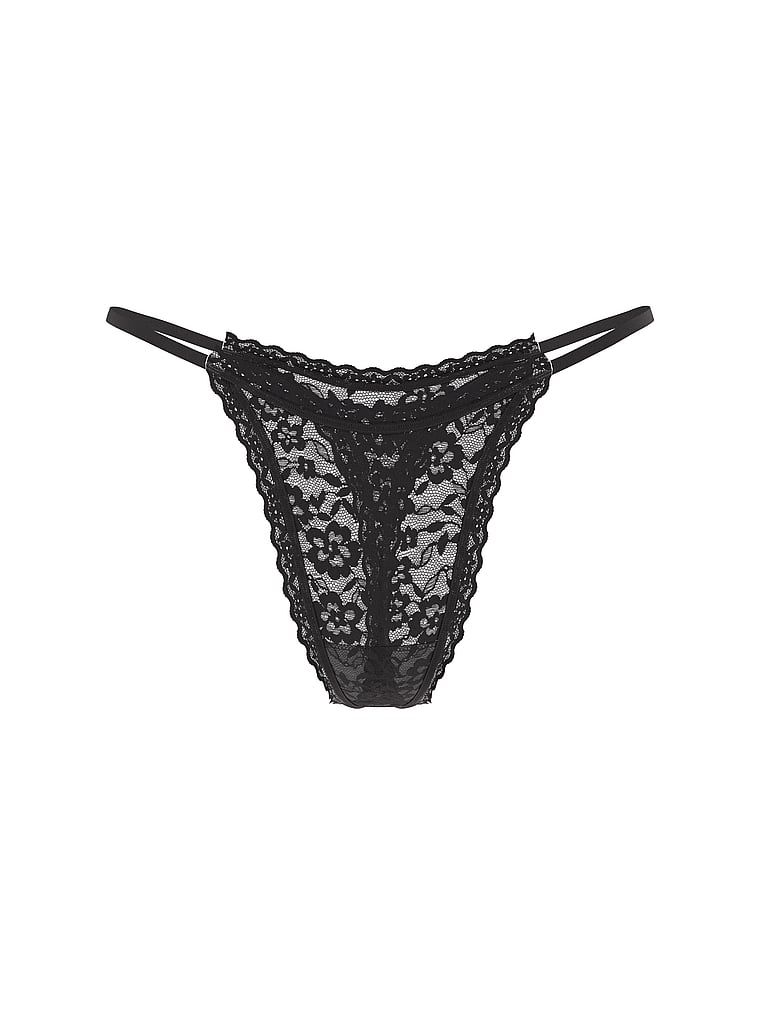 Tanga din dantelă cu flori. Produsul este negru și provine din colecția Lacie.