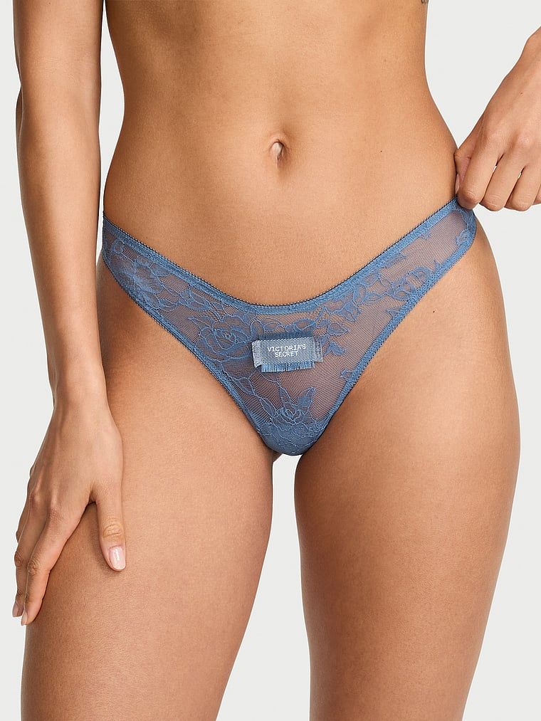 Very Sexy Chiloți Tanga din dantelă în formă de trandafir și inserții tip petice denim