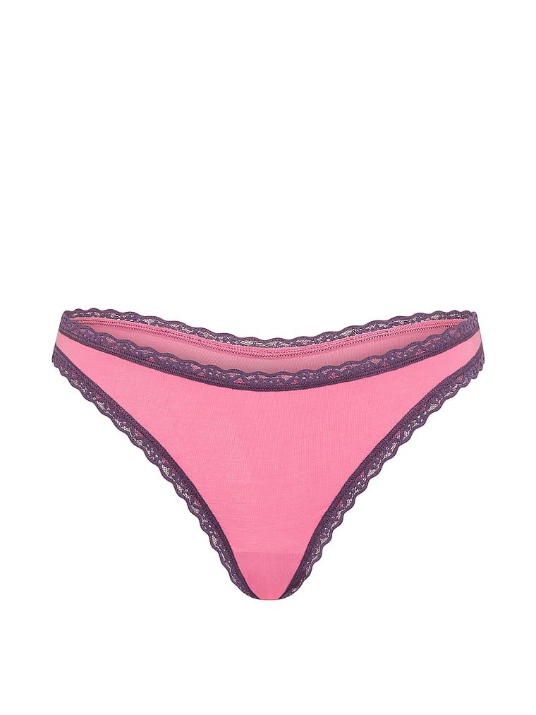 Tanga de bumbac cu dantelă pe margini: talie din dantelă. Produsul este roz și provine din colecția Lace Trim.