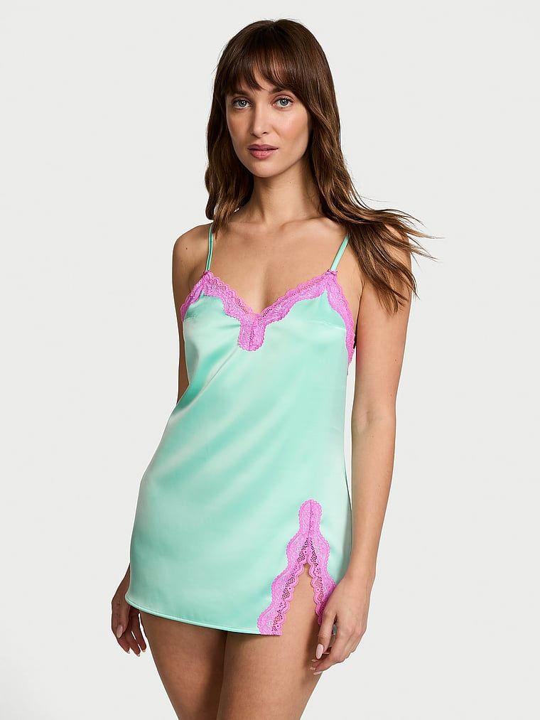 Victoria's Secret Rochie tip Slip mini Tease din satin, cu margini din dantelă
