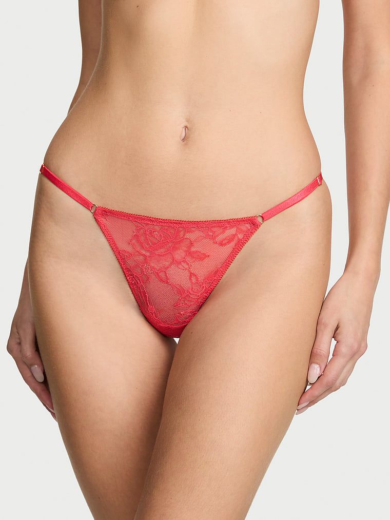 Very Sexy Chiloți V-string reglabili, din dantelă în formă de trandafir și ornamente metalice