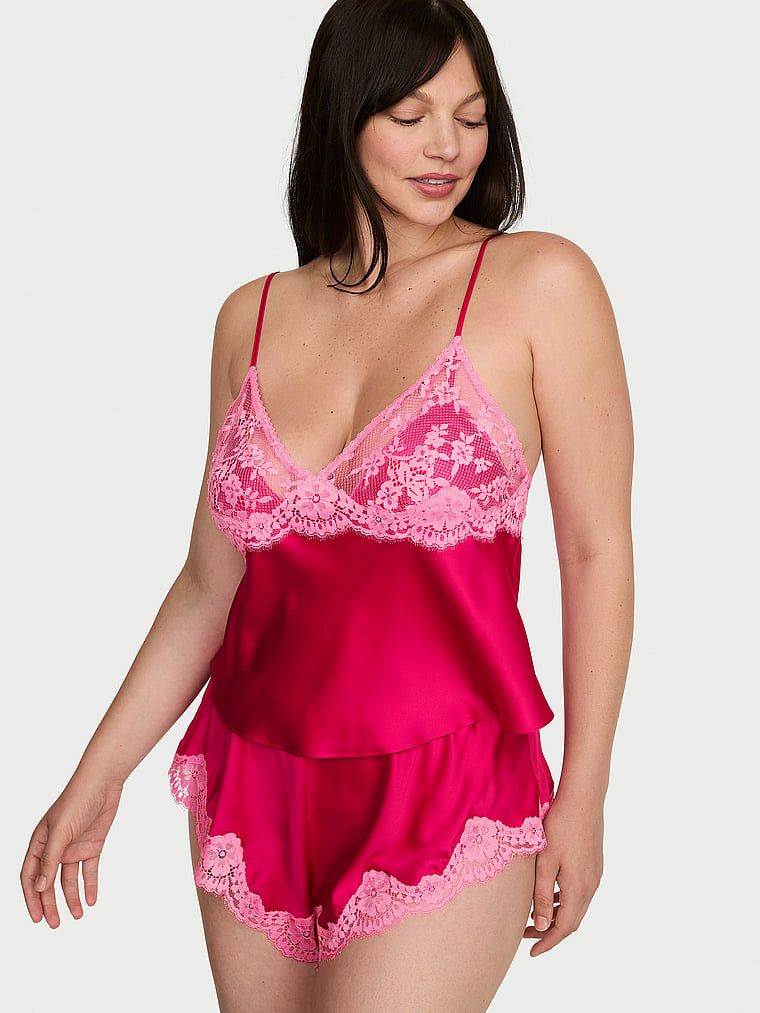 Set de dormit din satin cu dantelă. Produsul este roz și provine din colecția Dream Angels.
