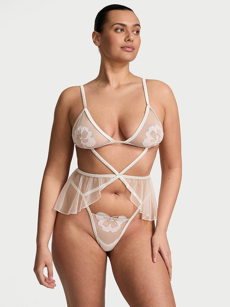 Very Sexy Piesă Teddy cu fustă și barete Bridal cu bujori