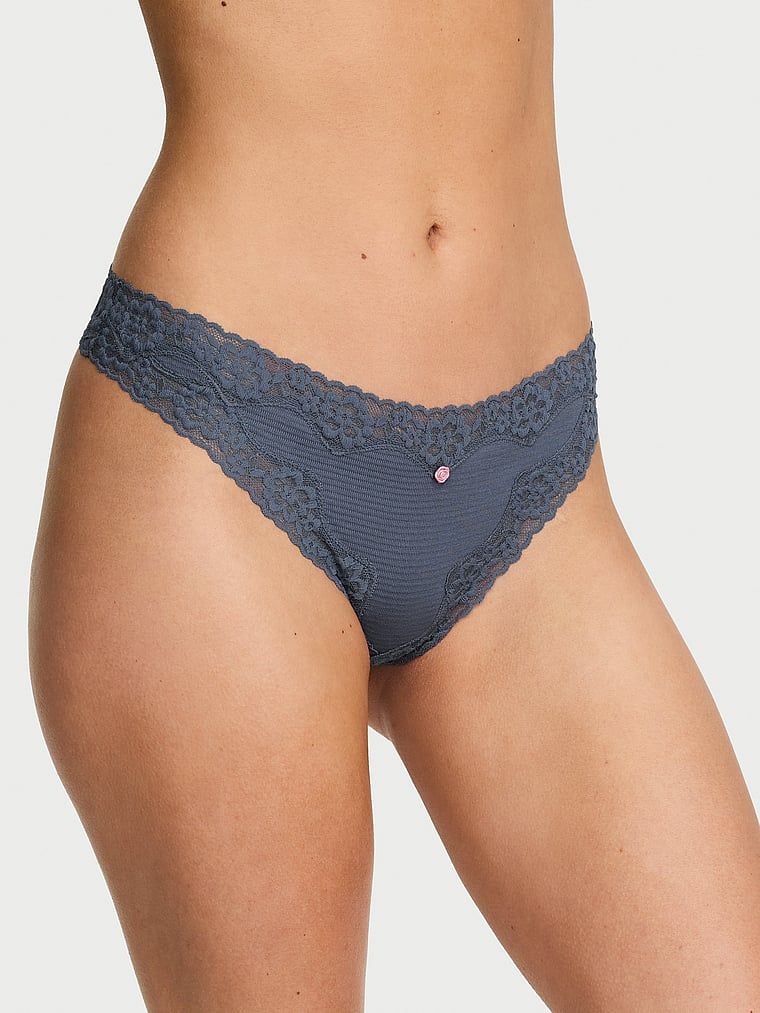 Lace Trim Chiloți Tanga din bumbac cu talie din dantelă, cu dungi