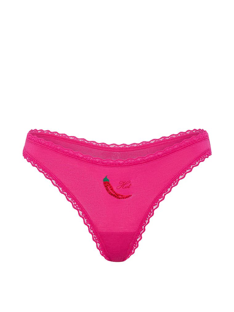 Tanga de bumbac cu dantelă pe margini: talie din dantelă. Produsul este roz și provine din colecția Lace Trim.