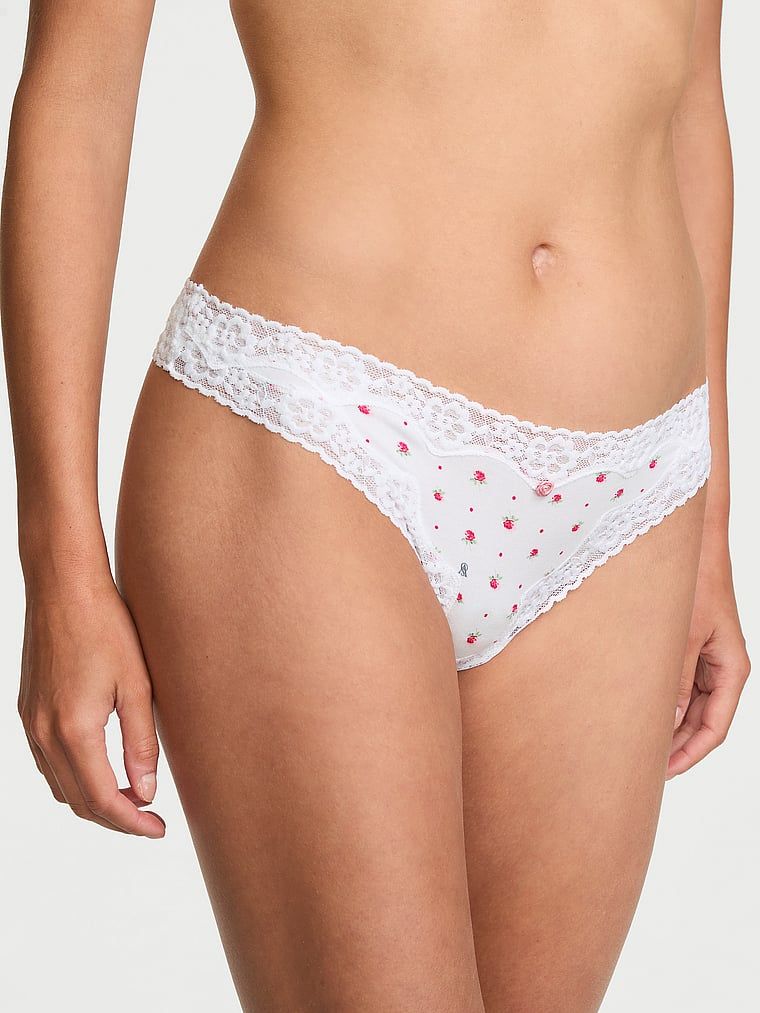 Lace Trim Chiloți Tanga din bumbac, cu talie din dantelă