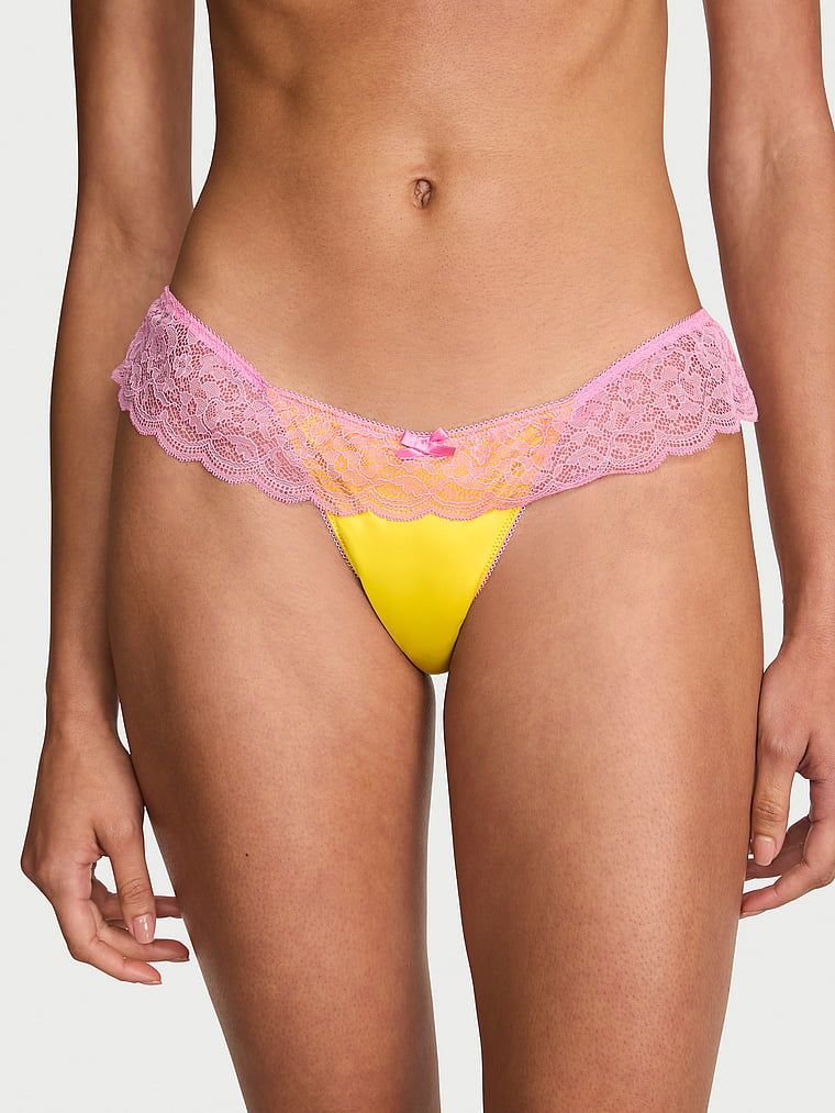 Victoria's Secret Chiloți Tanga Tease din satin, cu margini din dantelă și detaliu tip fustă