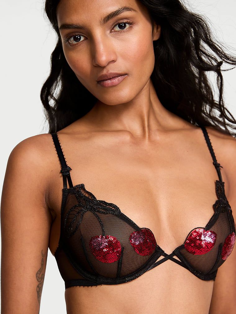 Very Sexy Sutien Demi fără căptușeală Sequin Shine, cu broderie cu cireșe
