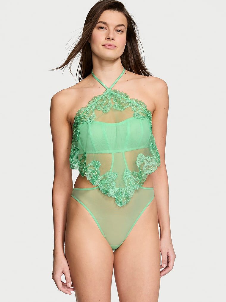 Very Sexy Piesă Teddy cu guler Halter și broderie transparentă cu motiv floral Boho