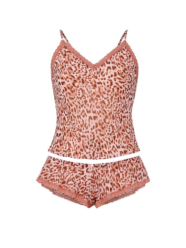 Set de șifon pentru dormit - bluză și pantaloni scurți leopard. Produsul este modelat și provine din colecția Dream Angels.