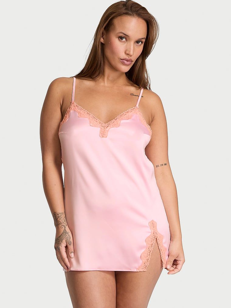 Victoria's Secret Rochie tip Slip mini Tease din satin, cu margini din dantelă