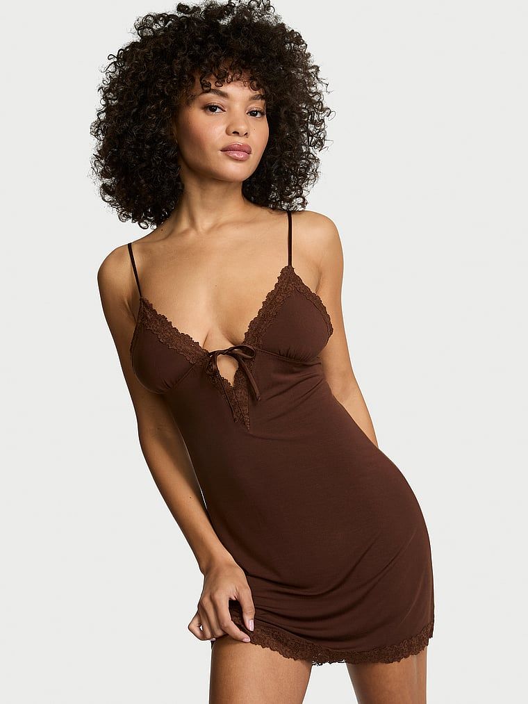 Victoria's Secret Rochie slip SoSoft din modal, cu margine din dantelă și cordon în față Tie-Front