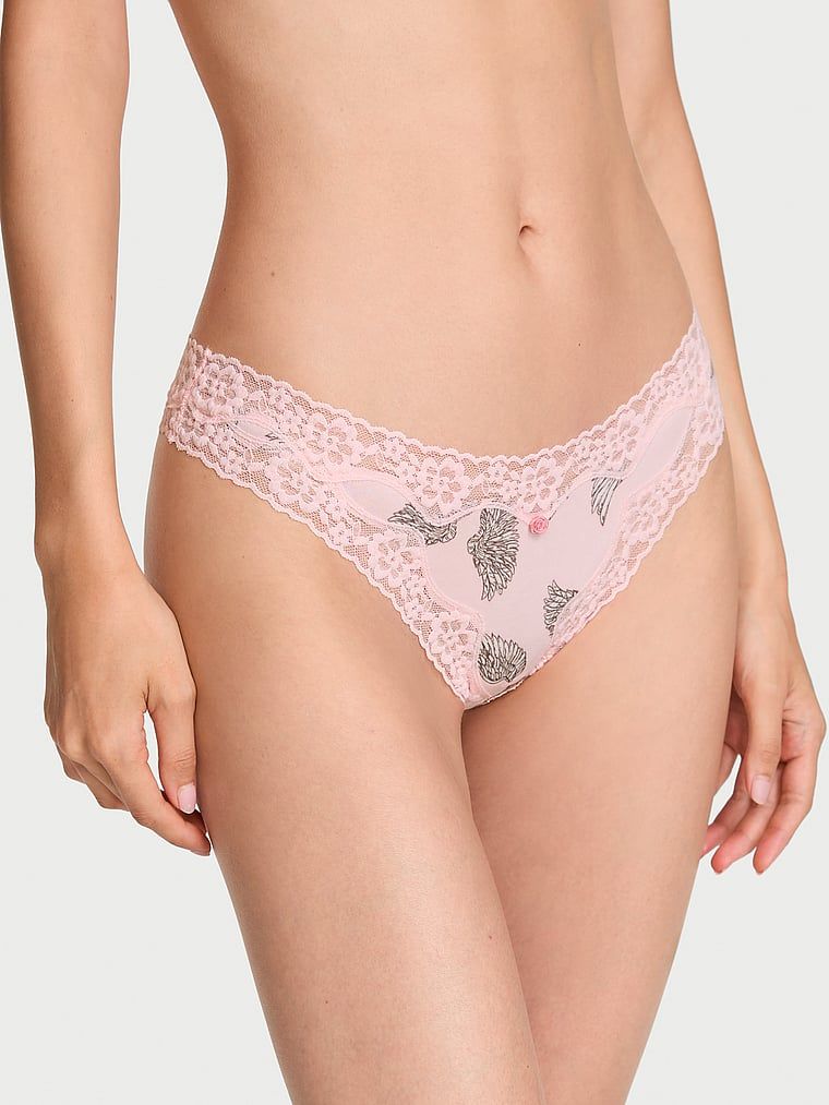 Lace Trim Chiloți Tanga din bumbac, cu talie din dantelă