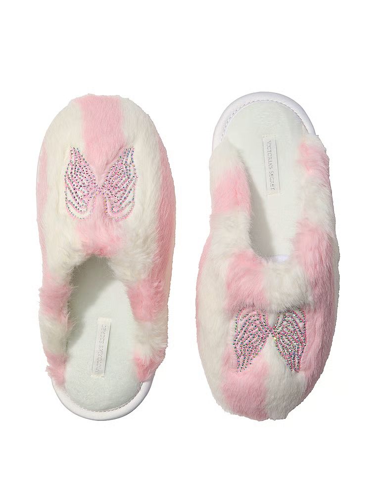 Papuci din blană artificială. Produsul are o culoare cu model și provine din colecția Victoria's Secret.