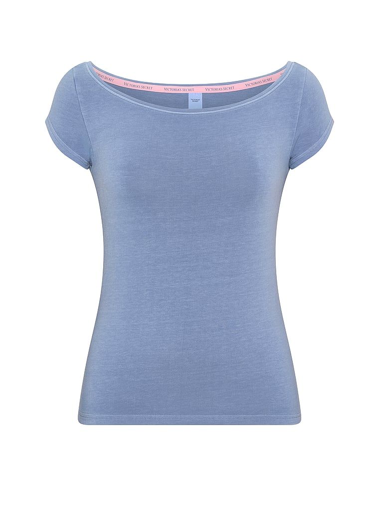 Tricou de bumbac cu decolteu de barcă, decolteu bărci. Produsul este albastru și provine din colecția Angel Essentials.