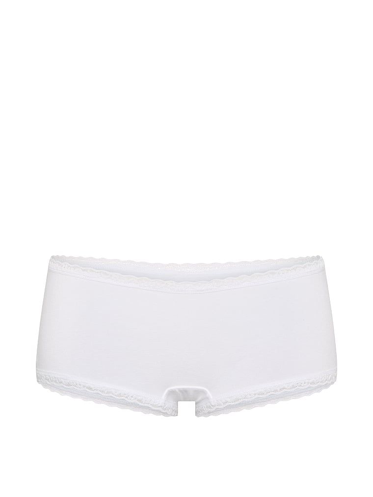 Pantaloni scurți de bumbac cu dantelă pe margini: Boyshort cu margini din dantelă. Produsul este alb și provine din colecția Lace Trim.