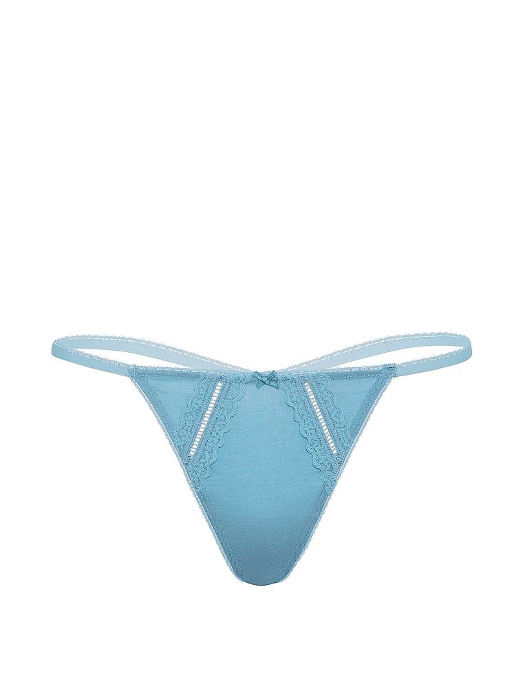 Tanga de bumbac cu inserții Lace-Trim. Produsul este albastru și provine din colecția Victoria's Secret.