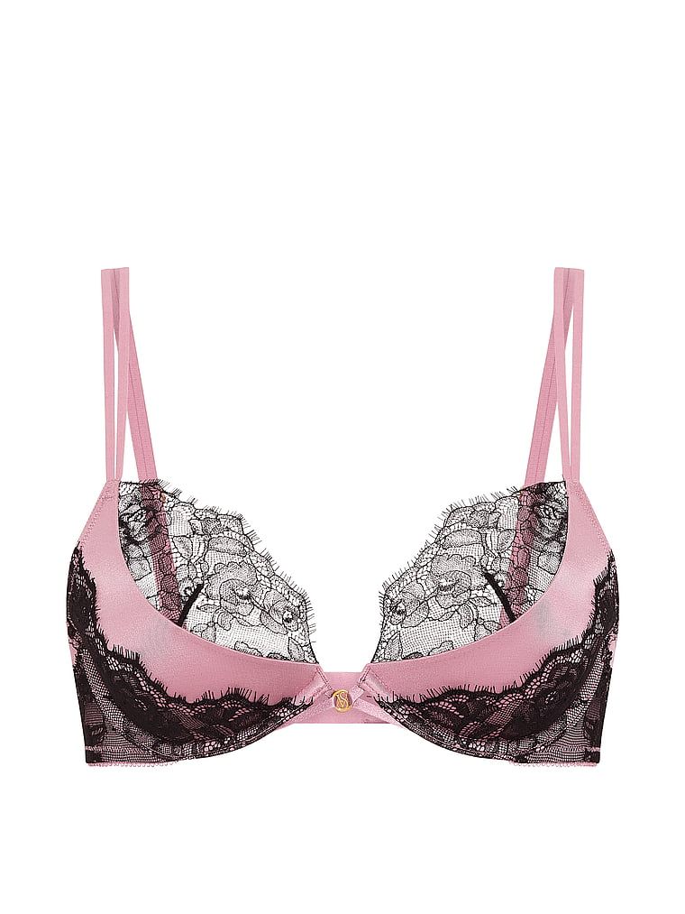 Sutien push-up cu inserții de dantelă cu decolț adânc. Produsul este roz și provine din colecția Very Sexy.
