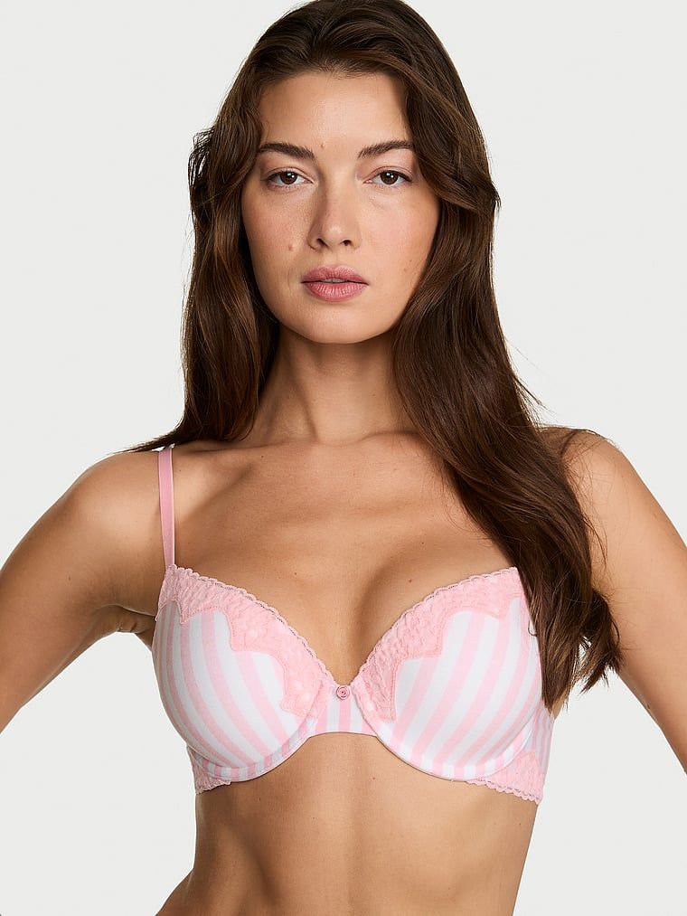 T-shirt Sutien Push-up din bumbac, cu margini din dantelă, Perfect Shape