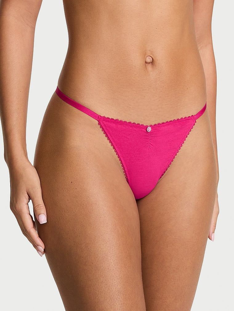Victoria's Secret Chiloți V-String din bumbac elastic, cu dantelă cu inimi