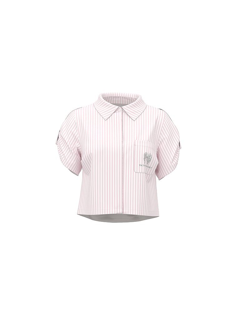 Bluză de cămașă din in cu mâneci scurte pentru plaja Beachwear Heritage Stripe. Produsul este modelat și provine din colecția Victoria's Secret Swim.