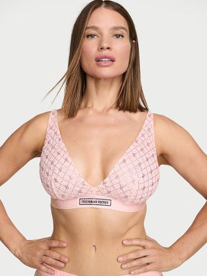 T-shirt Sutien Bralette din dantelă cu logo strălucitor, fără sârme și cu decolteu adânc