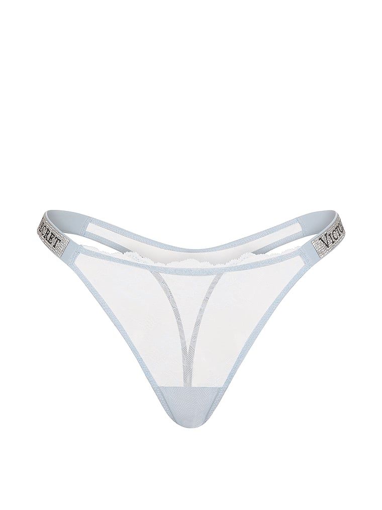 Tanga din dantelă cu bretele lucioase Shine Strap. Produsul este de culoare albastră și provine din colecția Very Sexy.