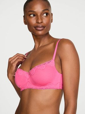 T-shirt Sutien Balconette, din bumbac, cu căptușeală subțire, cu margine din dantelă