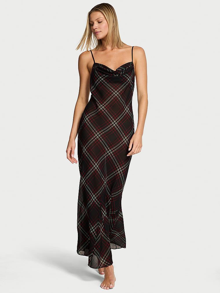 Very Sexy Rochie slip maxi drapată din șifon cu model tartan
