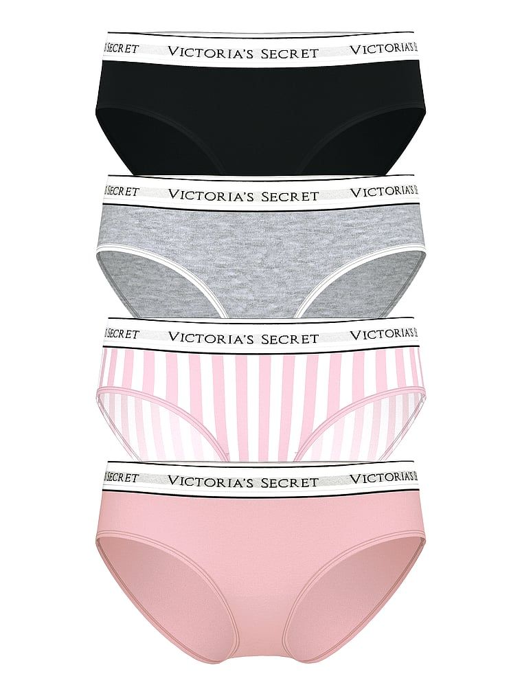 Set de chiloți din bumbac cu logo Hiphugger - 4 bucăți. Produsul este modelat și provine din colecția Victoria's Secret.