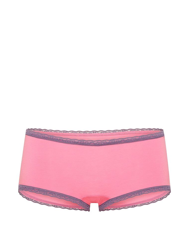 Pantaloni scurți de bumbac cu dantelă pe margini: Boyshort cu margini din dantelă. Produsul este roz și provine din colecția Lace Trim.